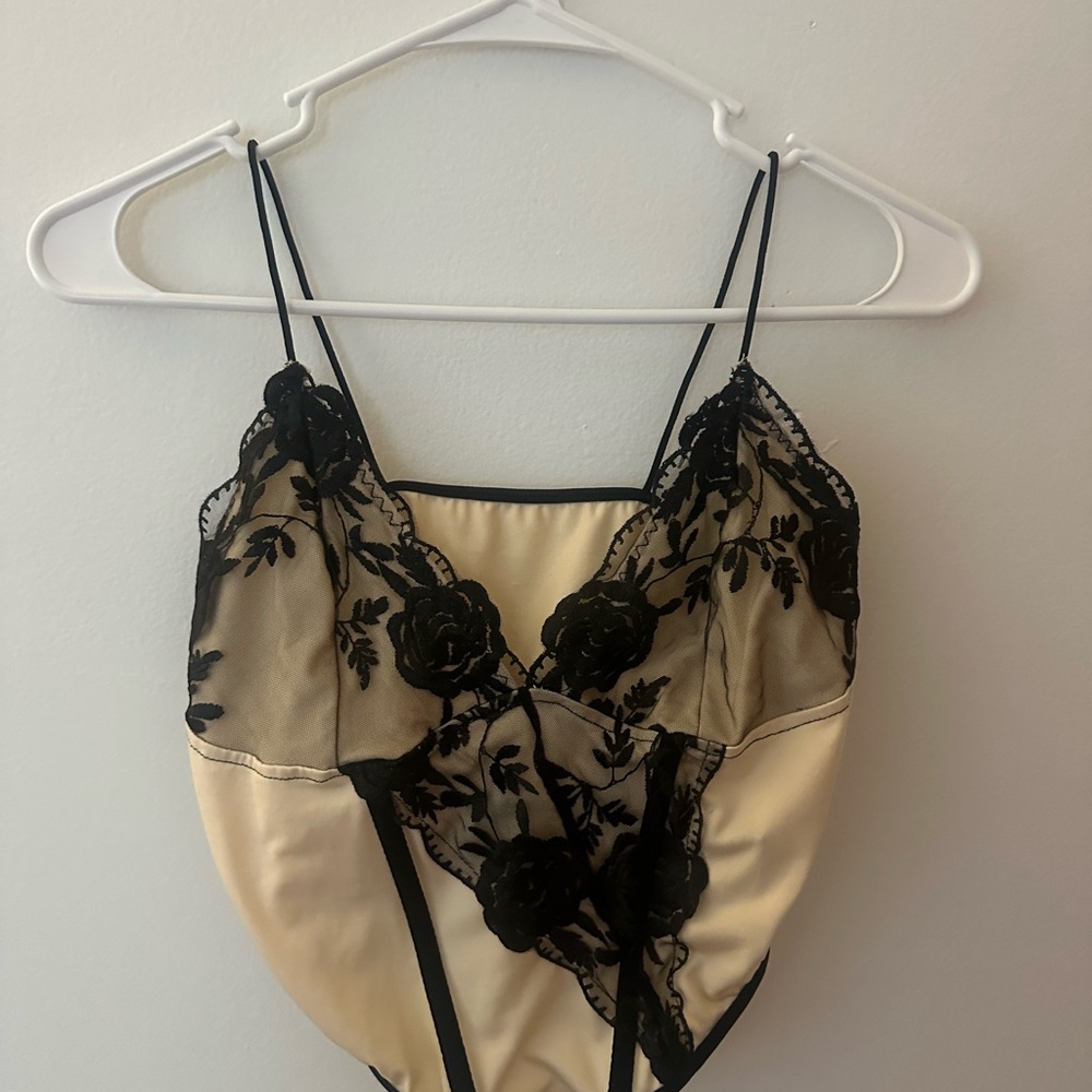 SHEIN Black and Cream Floral Lace Chemise